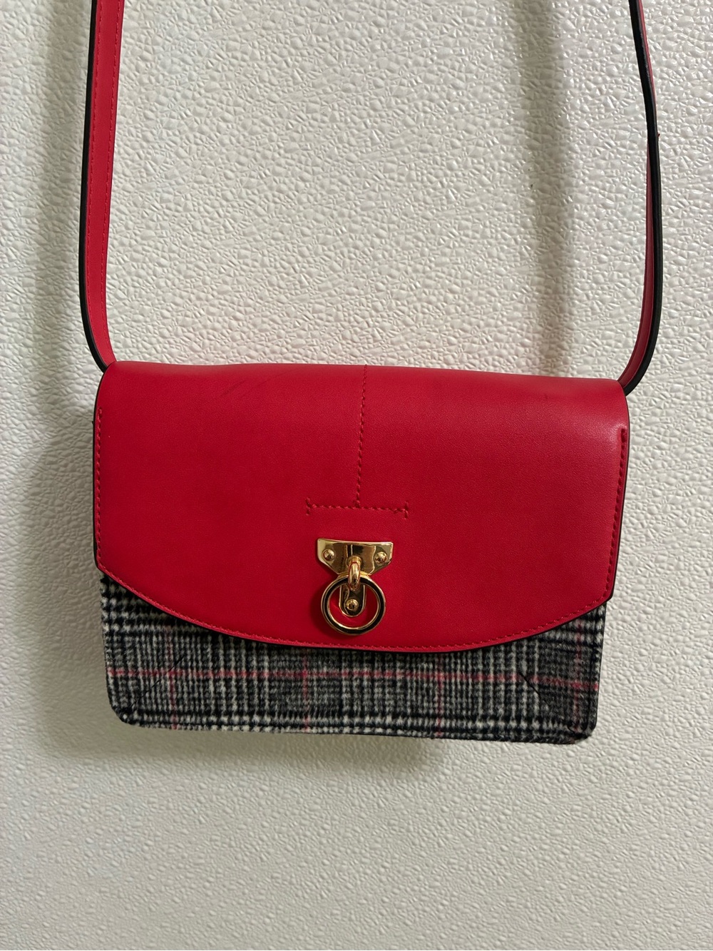 M & S Collection Red Faux Leather and Plaid Crossbody Bag